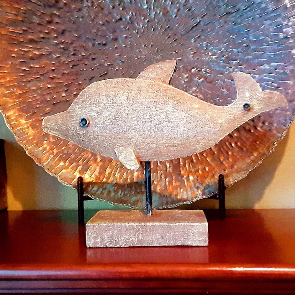 Handmade Carved Oakwood Dolphin Fish Sculpture On Oil Rubbed Bronze Metal Stand